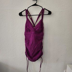 Athleta Swimsuit Dress 34D 32DD Skirt Side Scrunch One Piece Purple Fuchsia